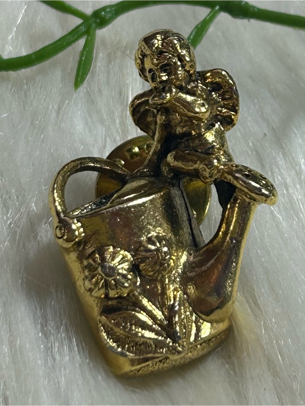 Vintage Camco cupid watering can gold tone pin